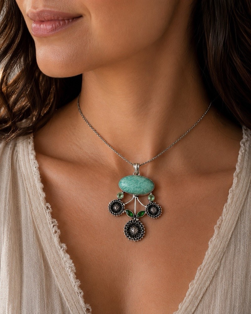 925 Sterling Silver Amazonite & Peridot Floral Pendant Statement Jewelry
