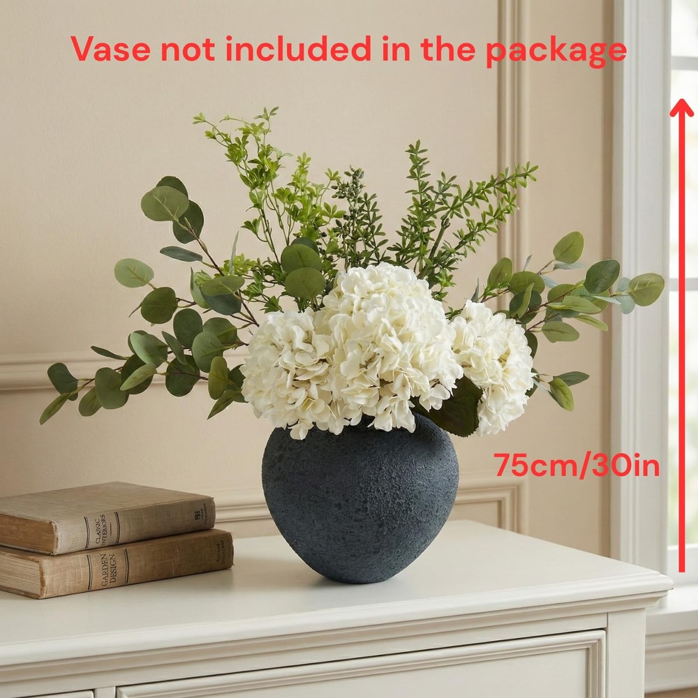 Faux Arrangement - Eucalyptus & White Hydrangea Flowers, Large Artificial Flo...