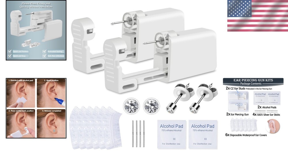 Complete Ear Piercing Kit: 2 Disposable Guns & 2MM CZ Studs for Safe At-Home Use