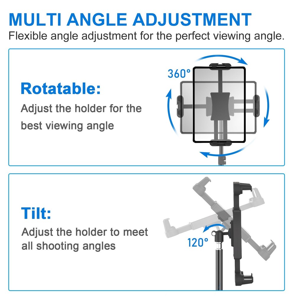 iPad Tripod Stand, 63" Height Adjustable Tripod for Tablet, 360° Rotation Tab...