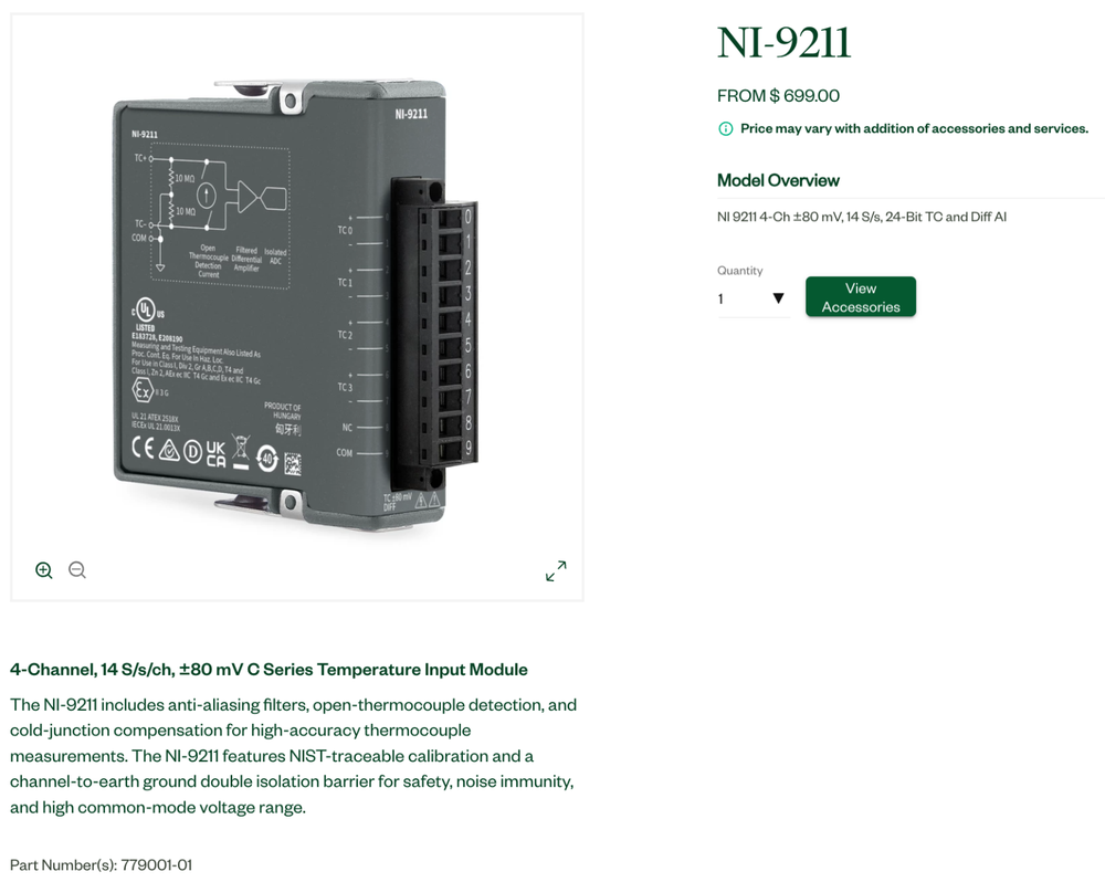 National Instruments NI 9211 4Ch 24bit Thermocouple Input