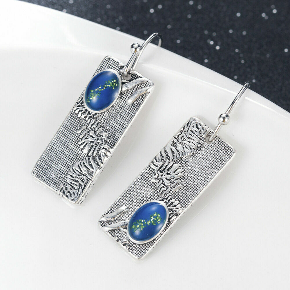 Unique New Silver Plated Blue Asymmetric Rectangle Hook Dangle Drop Earrings