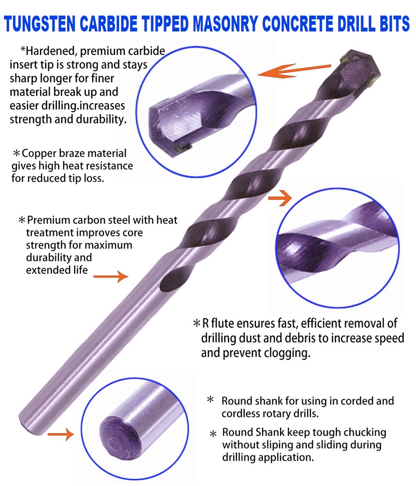 20Pcs Masonry Drill Bits 1/4" Carbide tipped Black/White Stone Bricks Concrete