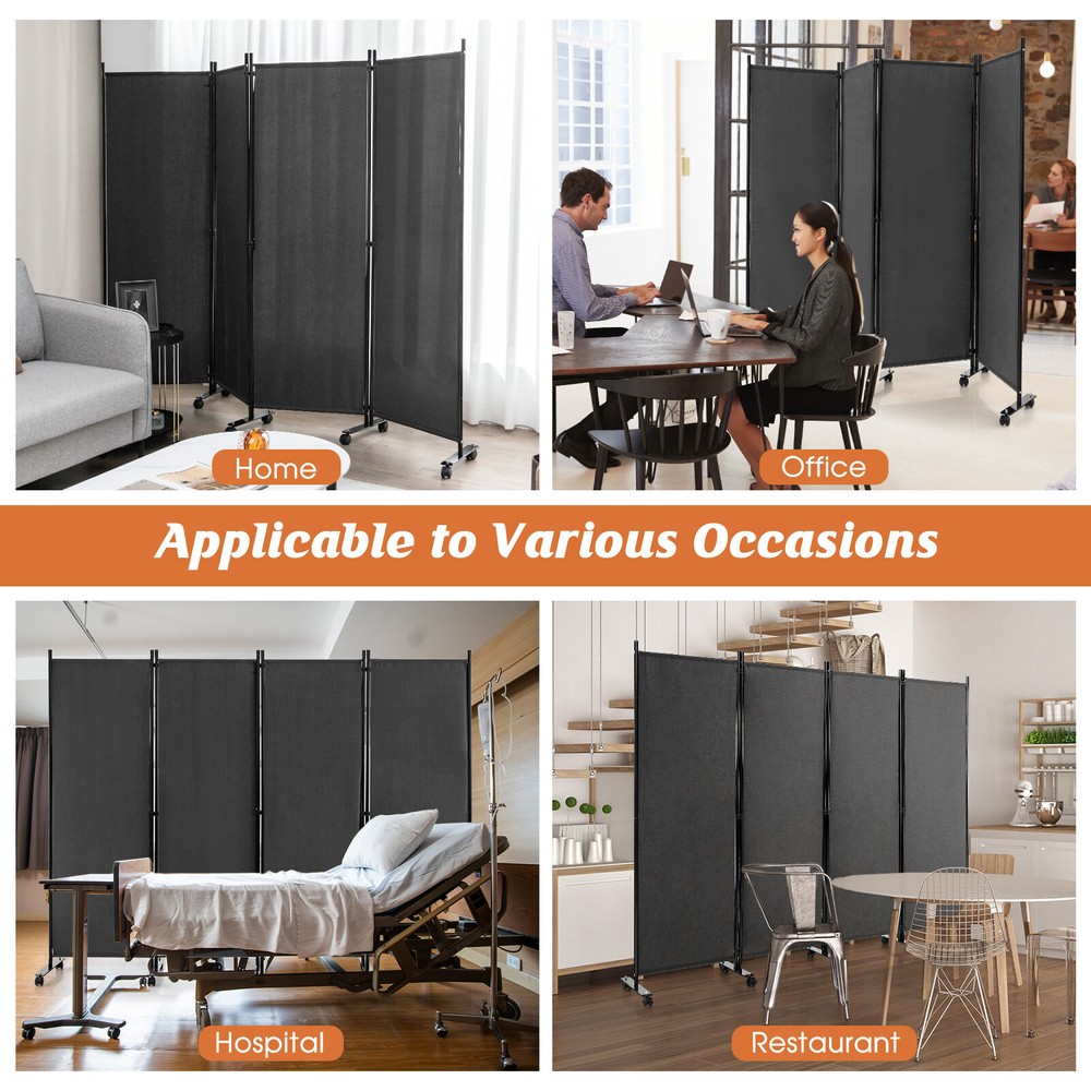 4-Panel Folding Room Divider 6FT Rolling Privacy Screen w/ Lockable Wheels Grey