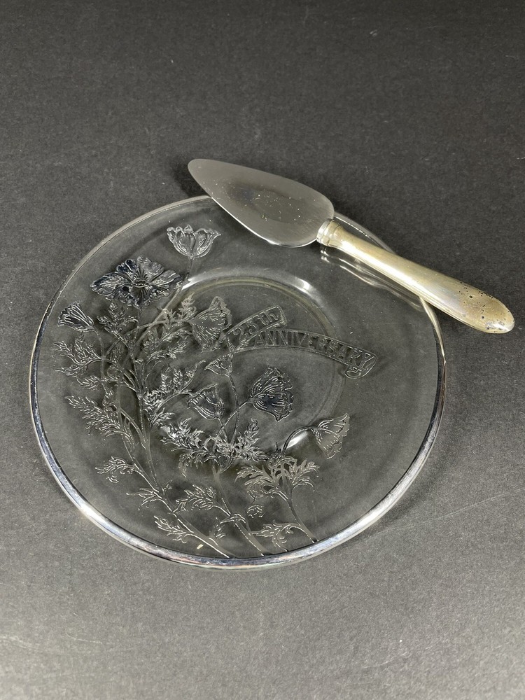 Vintage 25th Anniversary Silver Overlay Cheese Dish W Web Sterling Handle Server