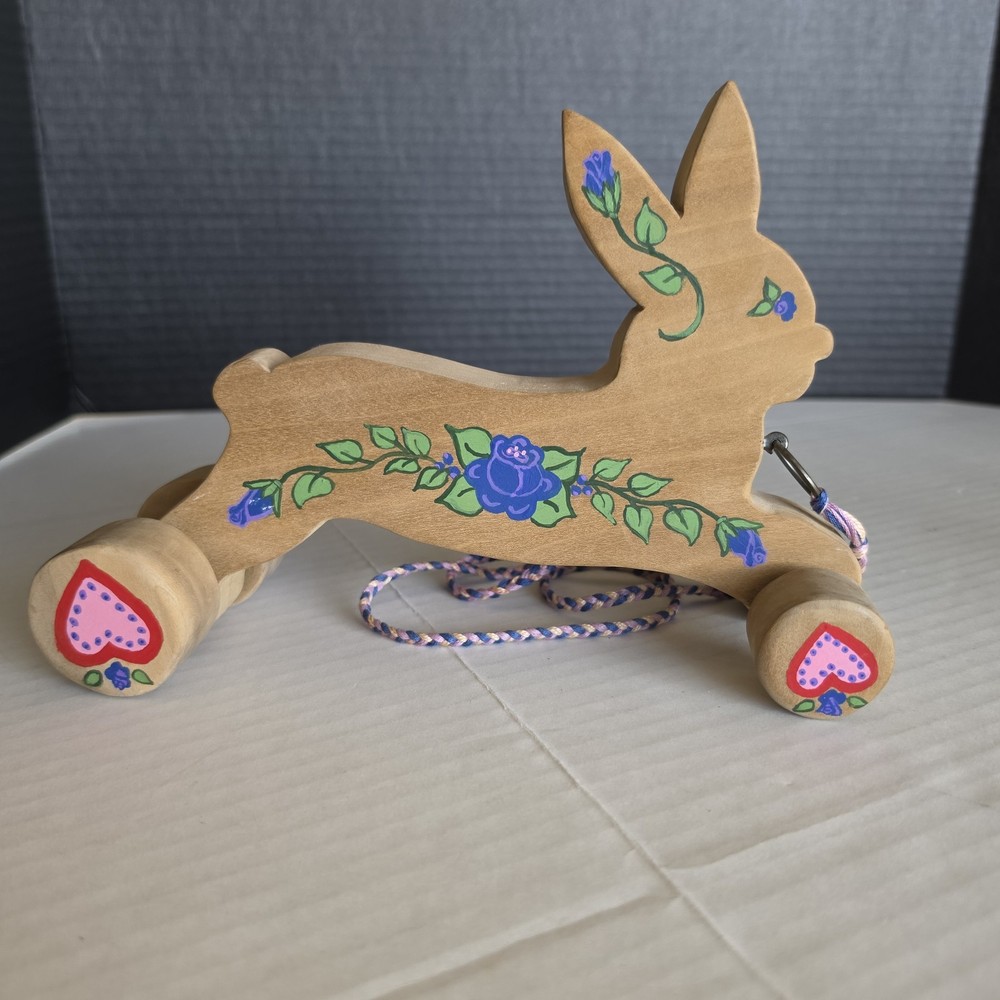 Rabbit Bunny Wooden Pull Toy Handmade Easter Spring Flowers Hearts