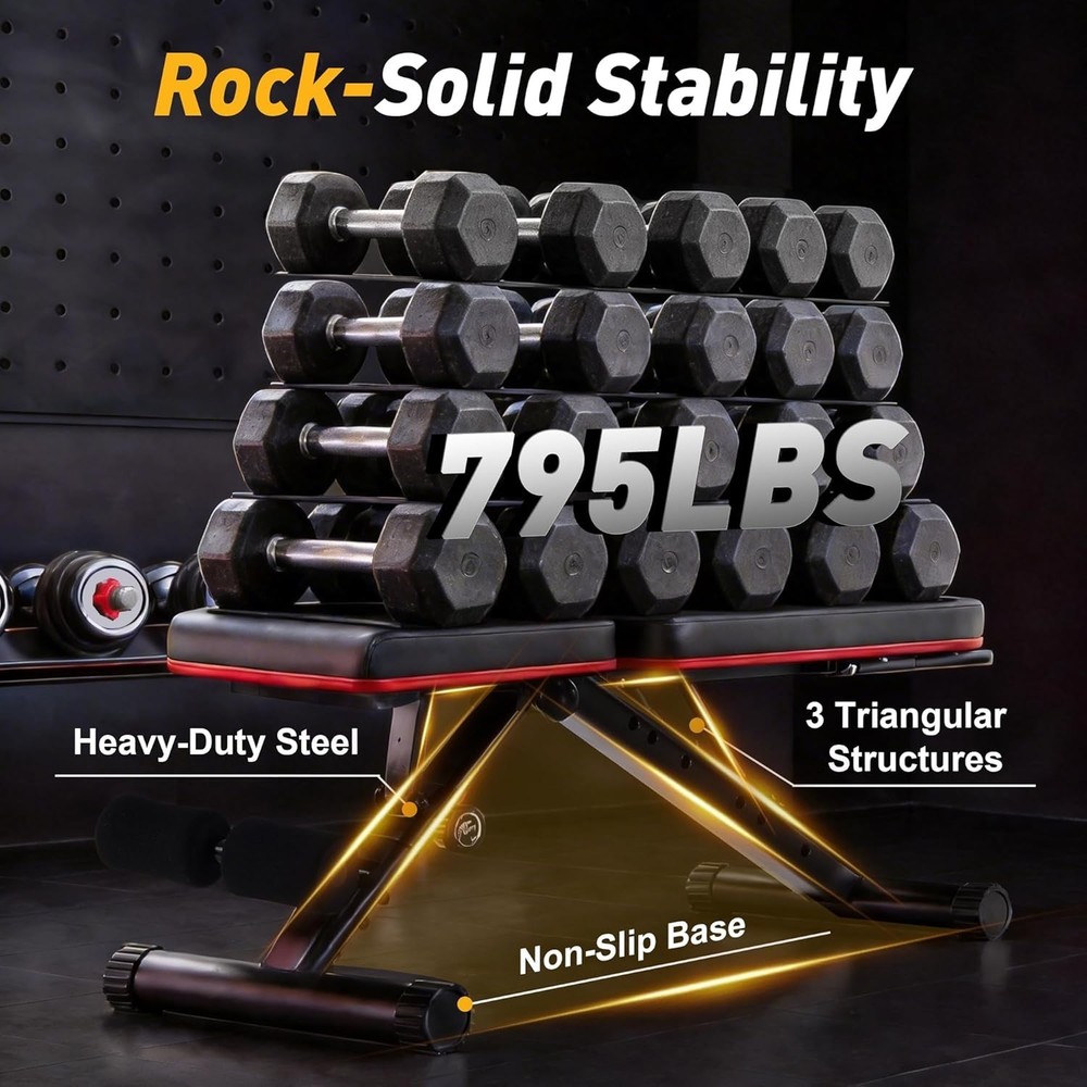 Compact Foldable Weight Bench for Home Gyms: 795 lbs Capacity & Versatile Design