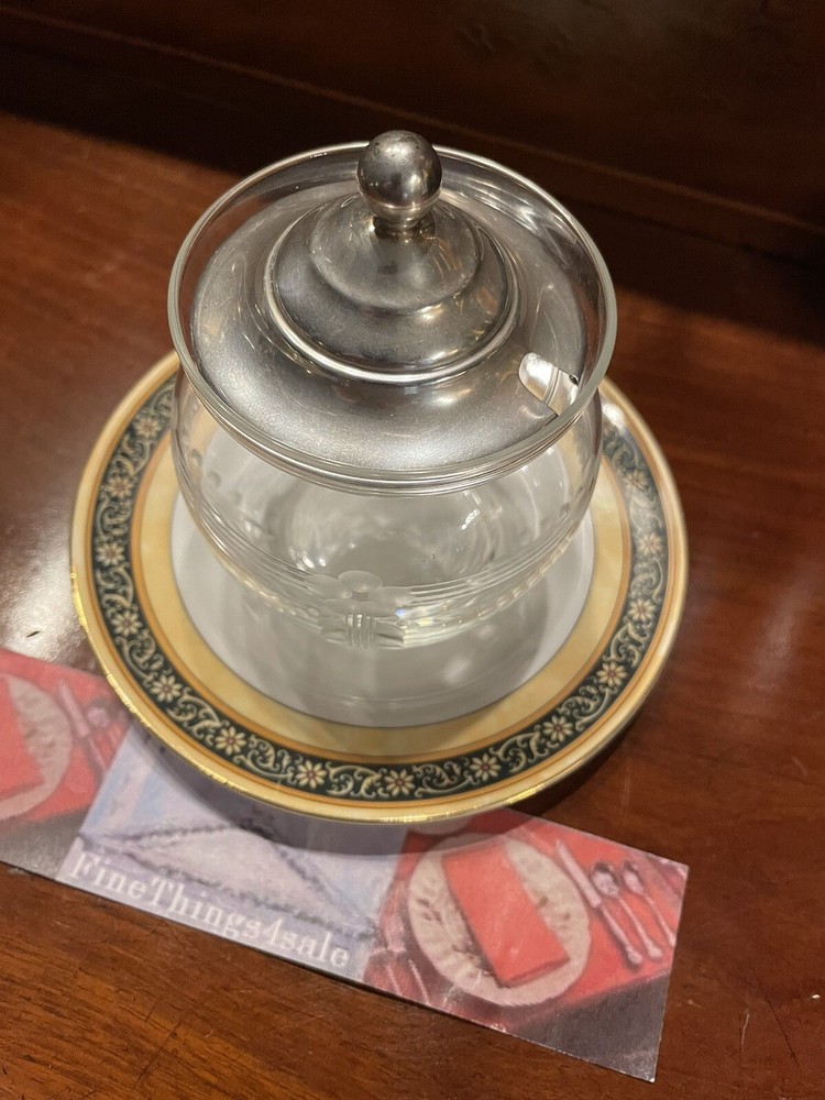GORHAM STERLING SERVING CONDIMENT / HONEY POT / JAM JAR - ETCHED GLASS CLASSICAL