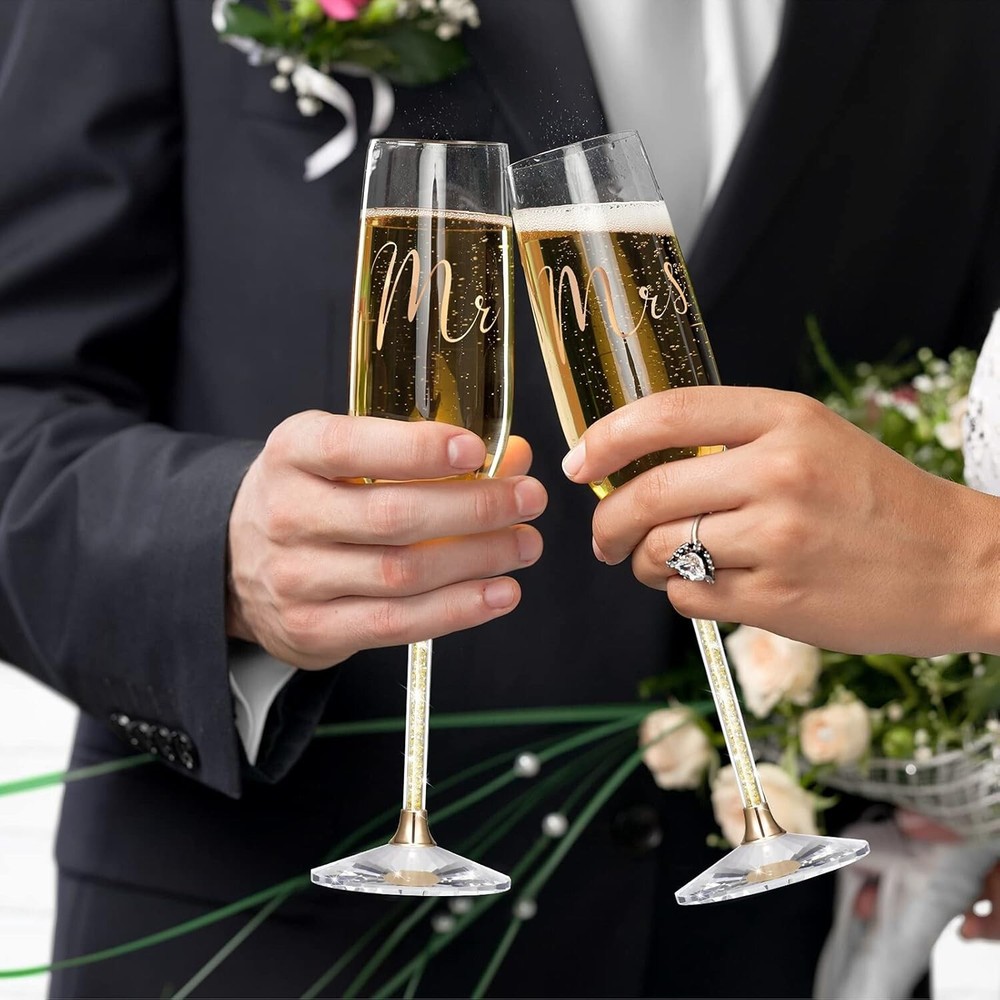 Wedding Knife and Server, Crystal Glasses Engraved Mr & Mrs, Cake Cutting Set
