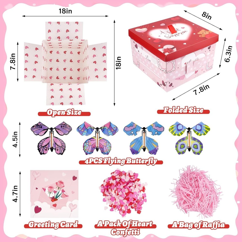 Valentine's Exploding Gift Box with Flying Butterflies and Heart Confetti