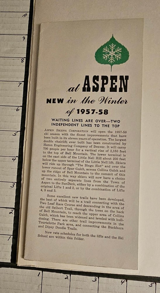 1957/58 ASPEN BROCHURE WITH TRAIL MAP INSIDE & A RATES SHEET ALSO BOTH MINT SEE