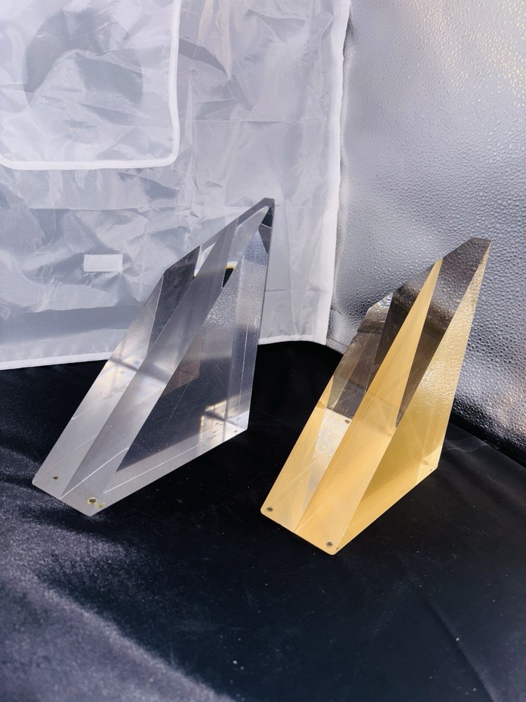 pair Of Acrylic Triangular geometric Bookend clear And Golden ￼