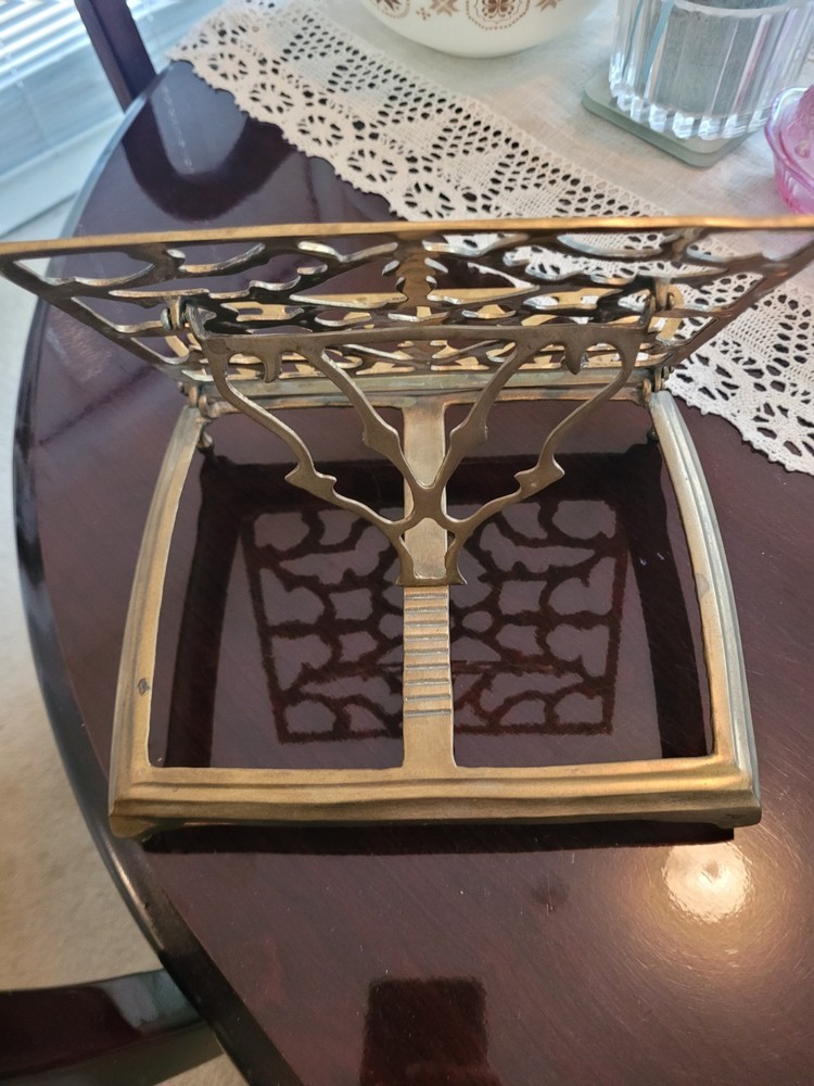 Vintage Ornate Brass Metal Book Stand, Adjustable & Foldable, Rectangular, 9"