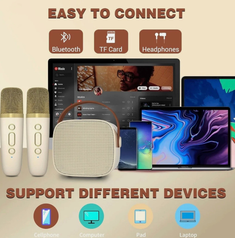 Mini Karaoke Machine with 2 Wireless Microphones & Portable Bluetooth Speaker