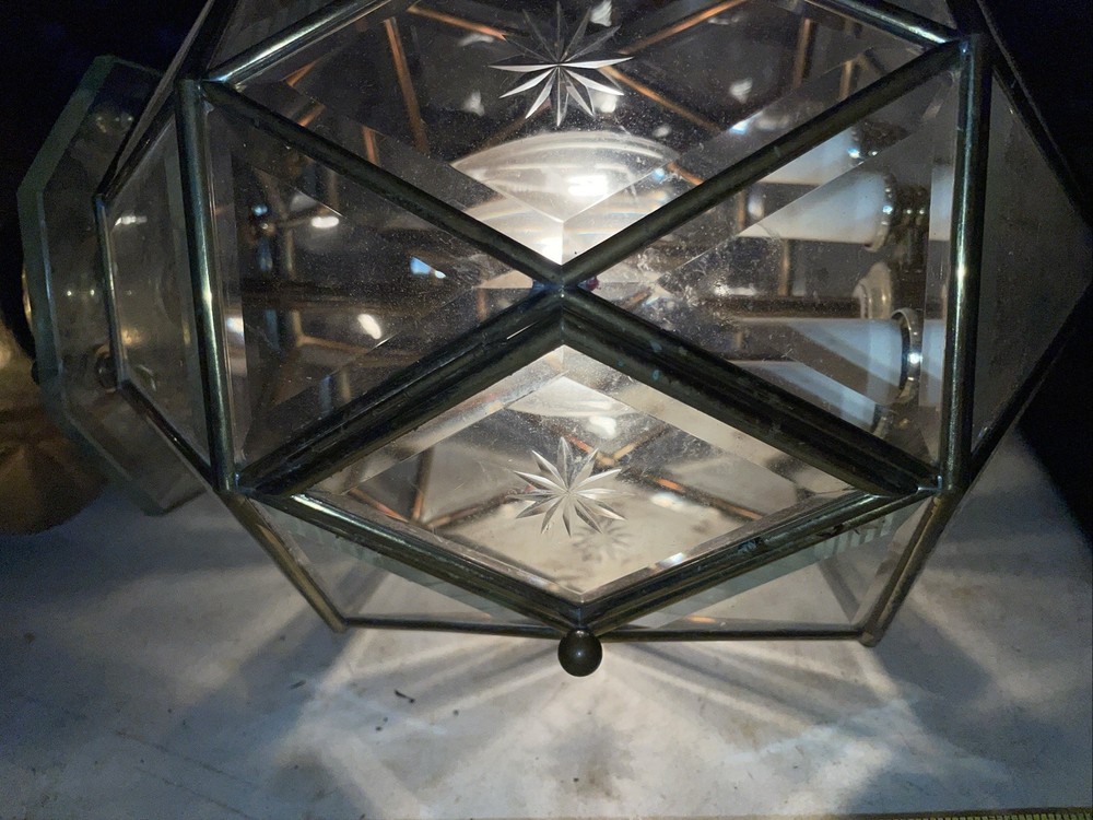 Vintage Octagonal Etched Beveled Glass Brass Chandelier