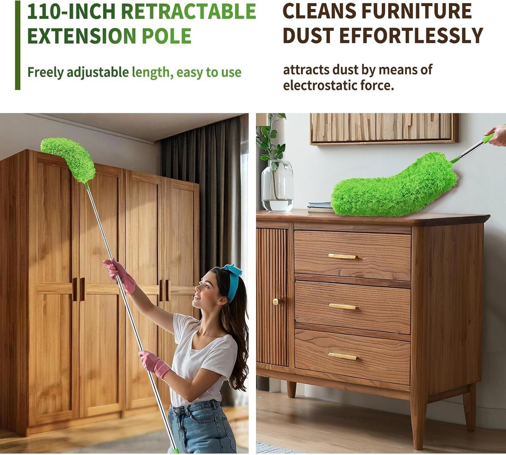Cobweb Duster with Extension Pole, Washable Cleaning Duster Set with 2 Duster He