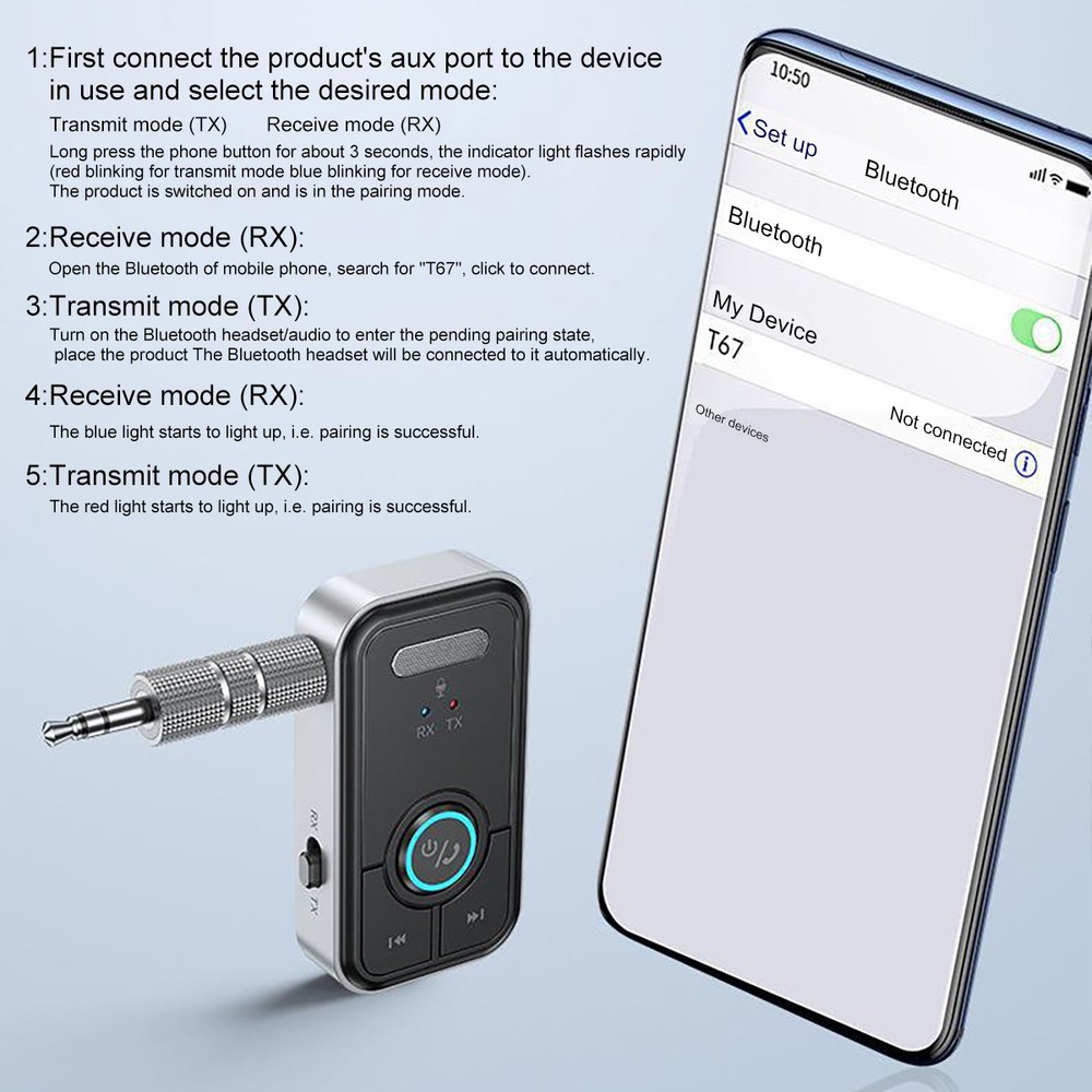 Wireless Bluetooth 5.4 Transmitter Receiver 2-in-1 Adapter Audio 3.5mm Jack Aux