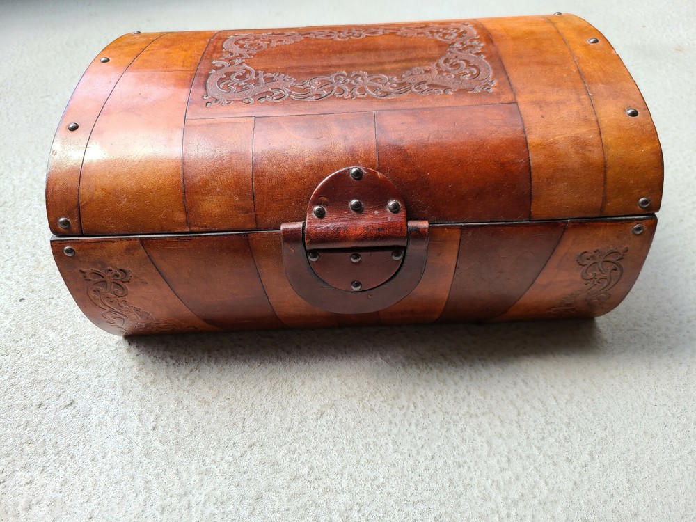 Gorgeous Leather Trunk with Rounded Hand-Tooled Cover