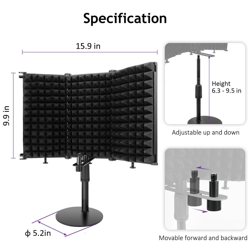 Rigych Microphone Isolation Shield, 3 Panels Sound Proof Mic Shield with Mic ...