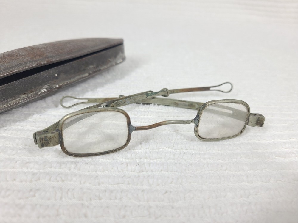 Antique 1800s Eyeglasses w Case Rectangular Small Lens Telescoping Arm Ooak Rare