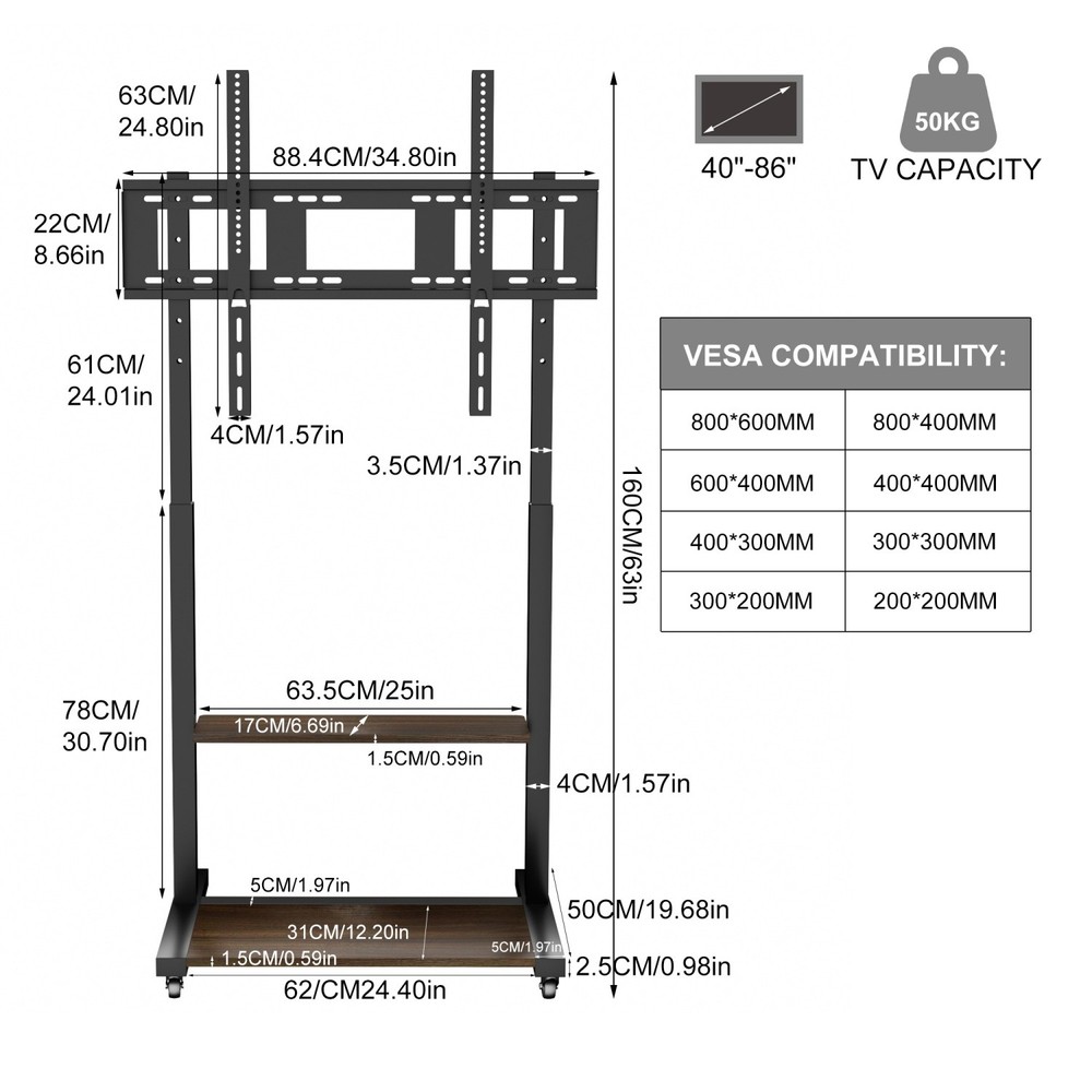 Rolling TVs Cart Height Adjustable TV Stand for 40-86” LCD LED Flat Panel Screen