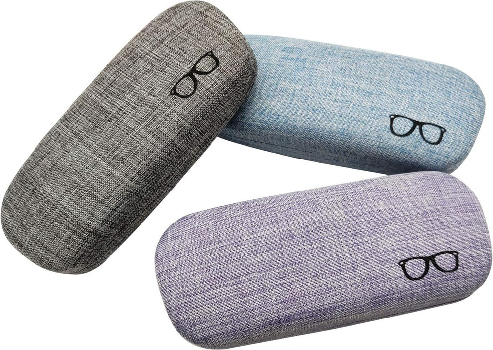 3Pack Hard Shell Eyeglasses Case Protector Linen Fabrics Large Glasses Case Conc