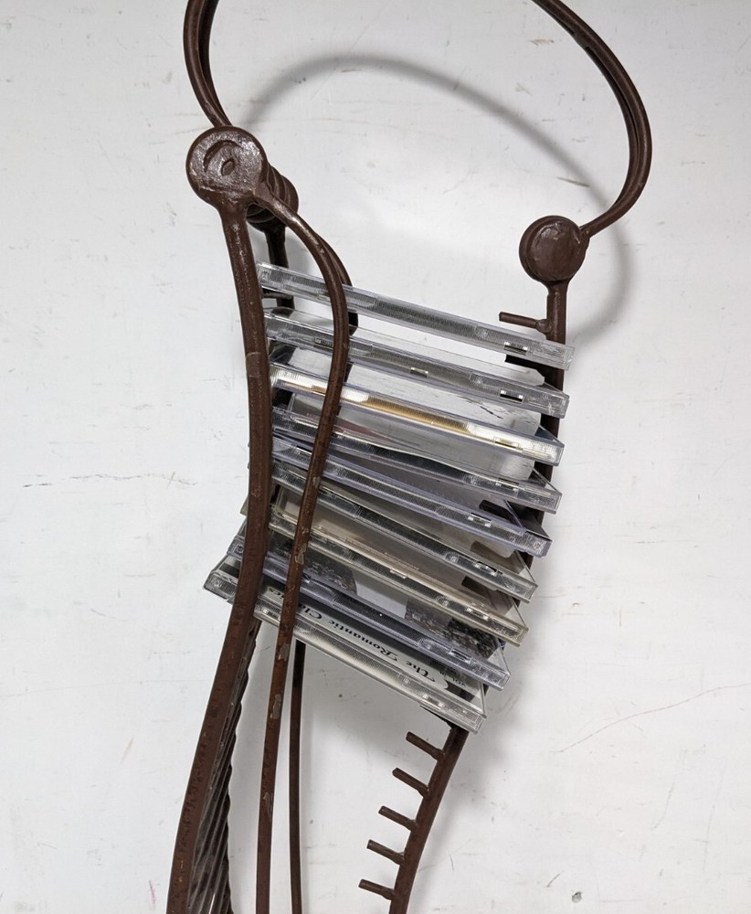 Vintage Rustic Wrought Iron Sculptural CD Storage Display Rack Stand Handle