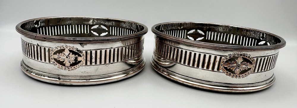 GEORGIAN PAIR SMALL 3" DRINKS COASTERS OLD SHEFFIELD PLATE c1790