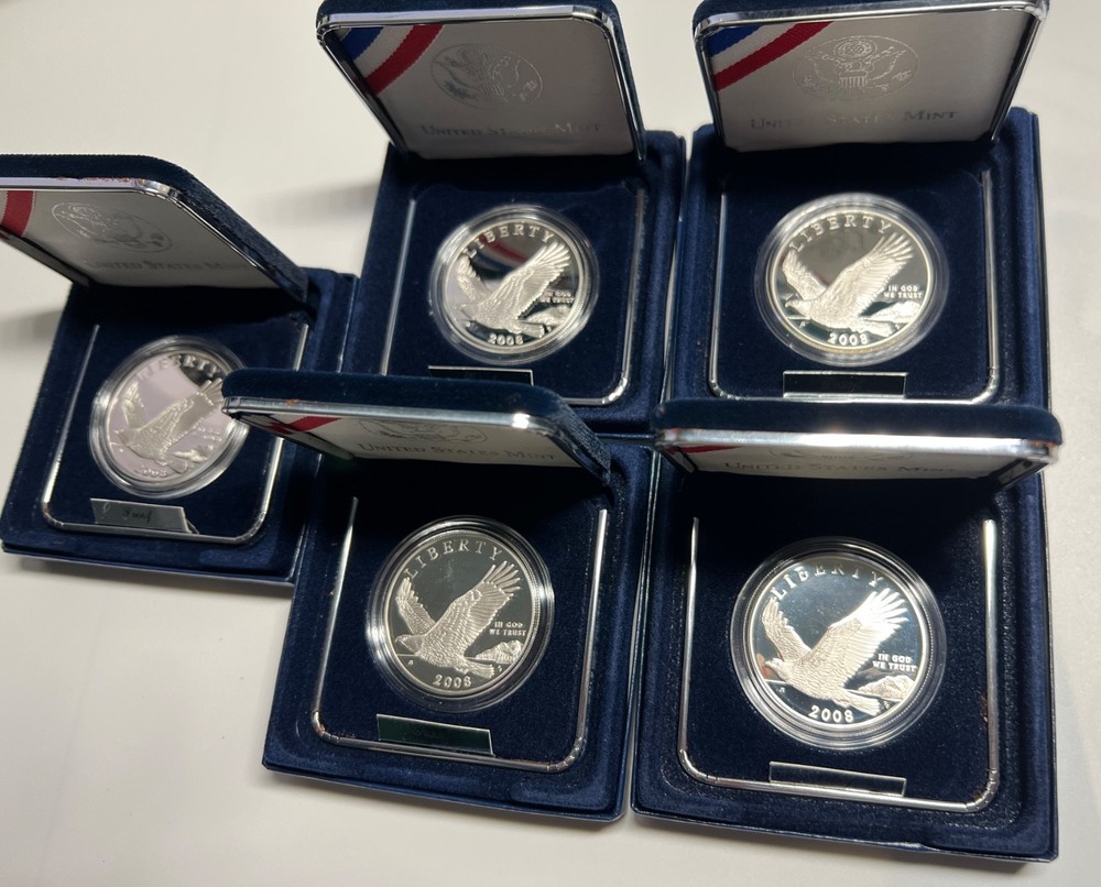 5 SETS- 2008 BALD EAGLE COMMEMORATIVE SILVER PROOF DOLLAR, EA3 US MINT, BOX+COA