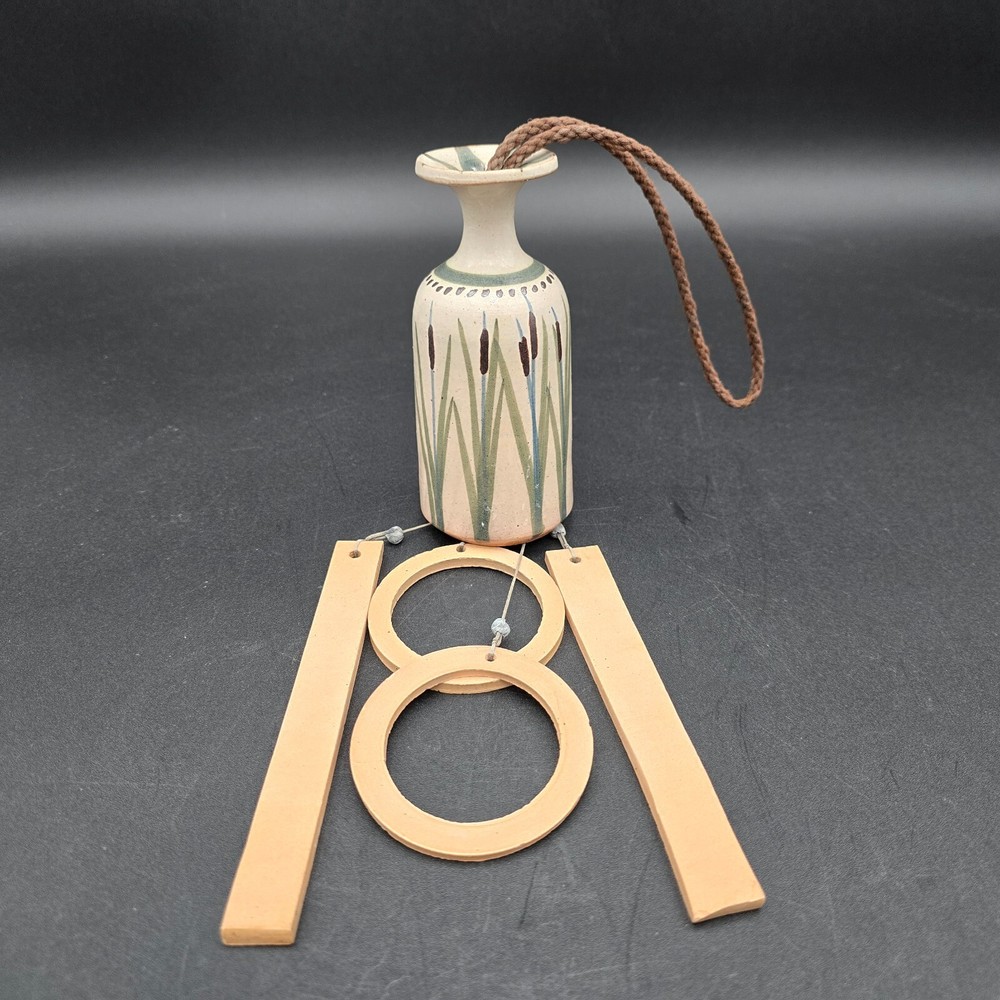 Studio Art Pottery Cattail Wind Chime Hand Made Signed Hand Painted Small