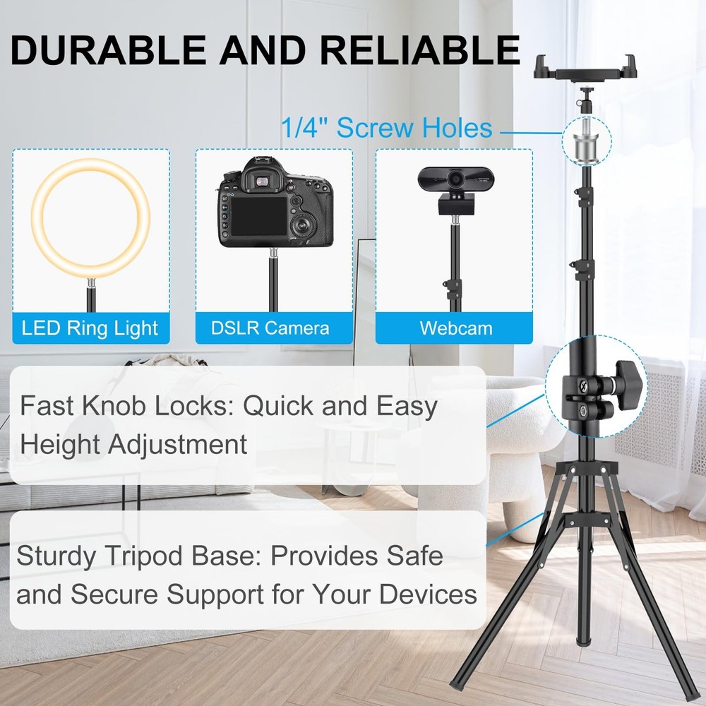 iPad Tripod Stand, 63" Height Adjustable Tripod for Tablet, 360° Rotation Tab...
