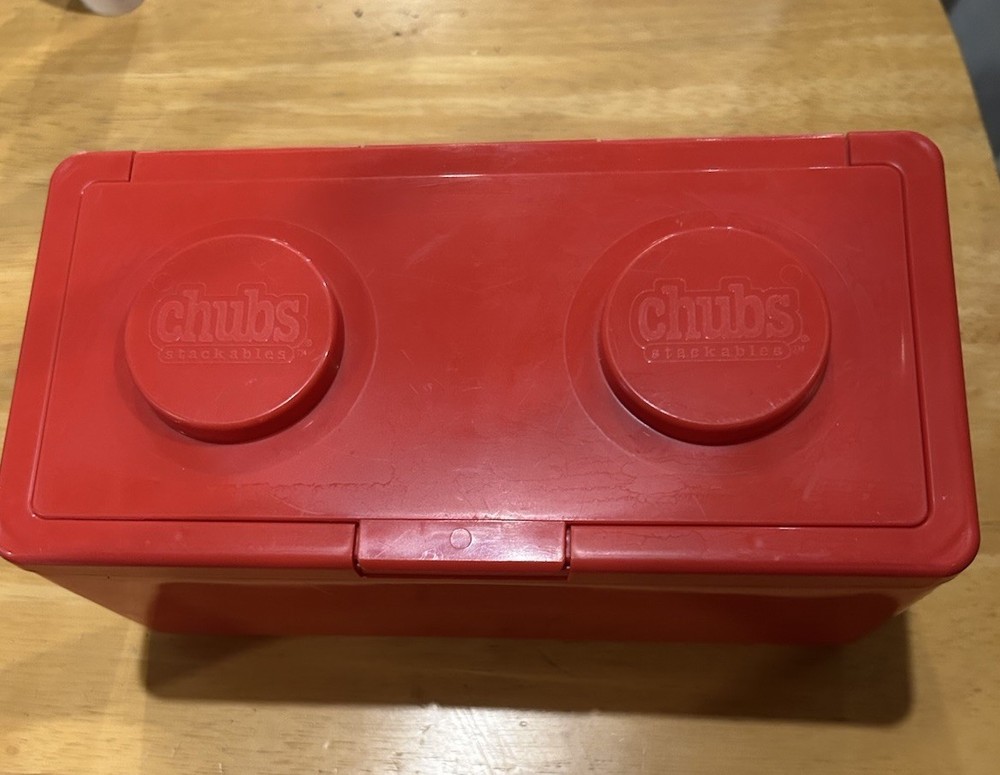 VINTAGE CHUBS BABY WIPES CONTAINER RED STACKABLE LID IS ATTACHED & WORKS SEE