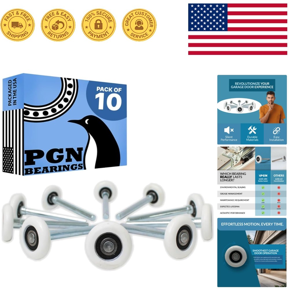 Durable 2" Nylon Rollers for Garage Doors - Quiet & Smooth, 10 Pack with 4" Stem