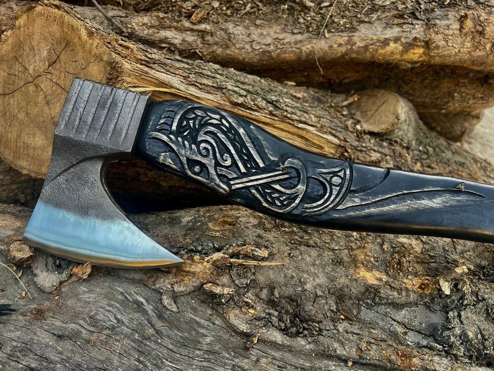 Custom Carbon Steel Viking Hatchet Axe with Engraved Handle