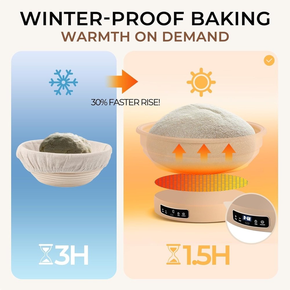 Electric Sourdough Starter Kit with 6-Temp (77-122℉) Control & Timer - 9" Fol...