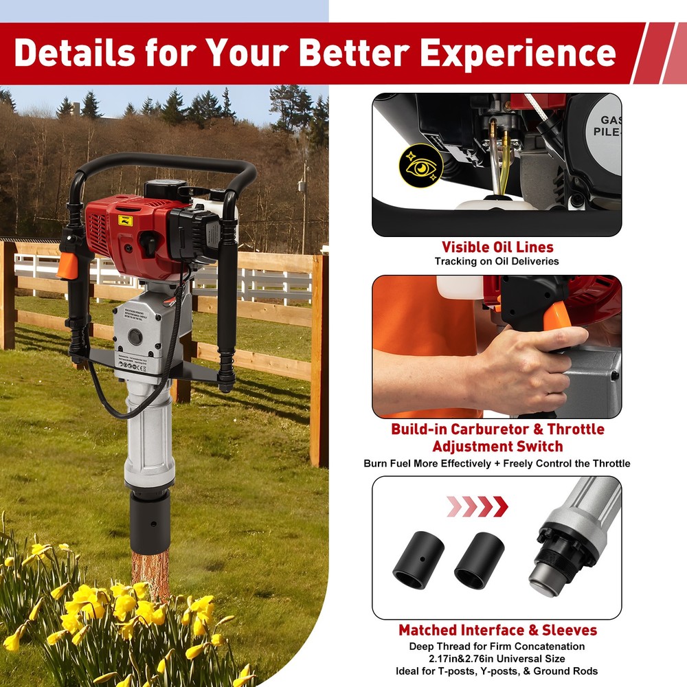 Gas Powered T-Post Driver 2-Stroke Gasoline Engine Fence Farm Push Pile Digger