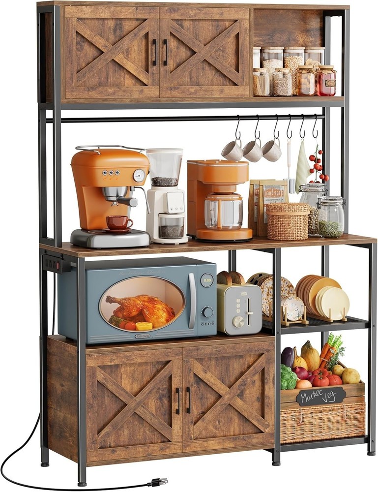 Large Bakers Rack with Power Outlet, 45 Inch Wooden Top