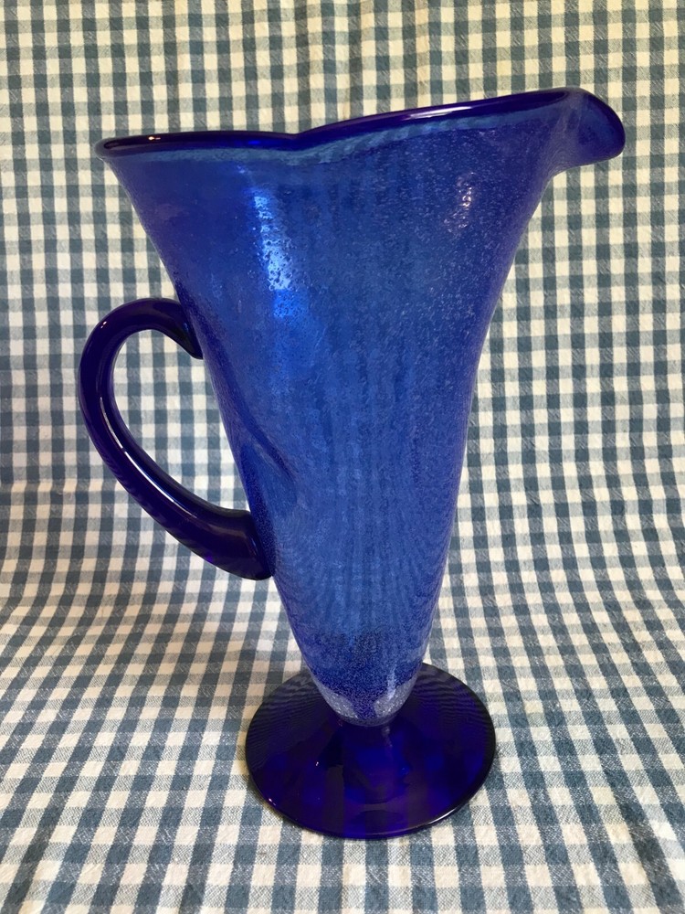 HAND BLOWN BUBBLE GLASS ~ COBALT BLUE FOOTED WATER PITCHER ~ FUSED HANDLE ~