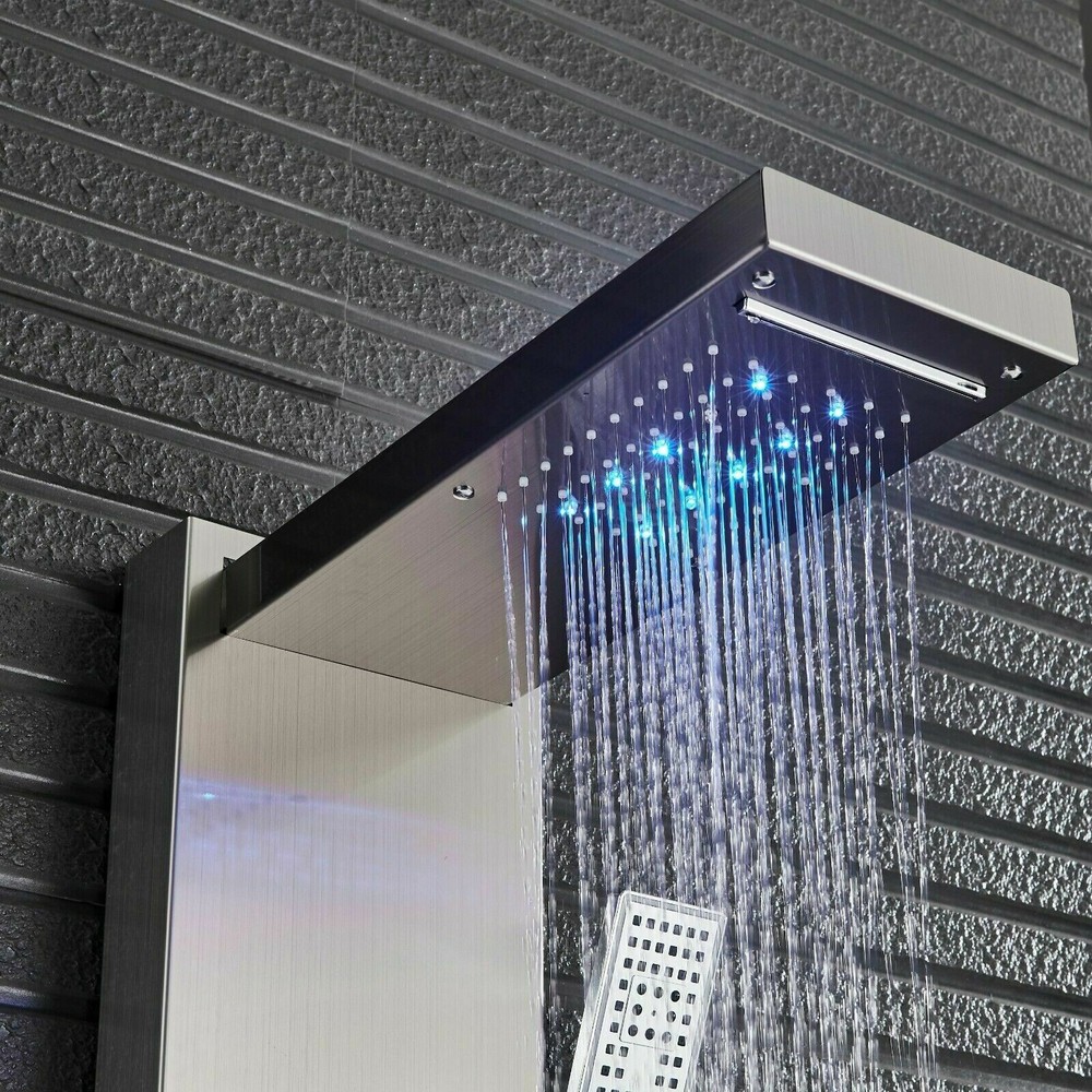 Shower Panel Tower System Brushed LED Rainfall Waterfall Massage Jets Body Tap
