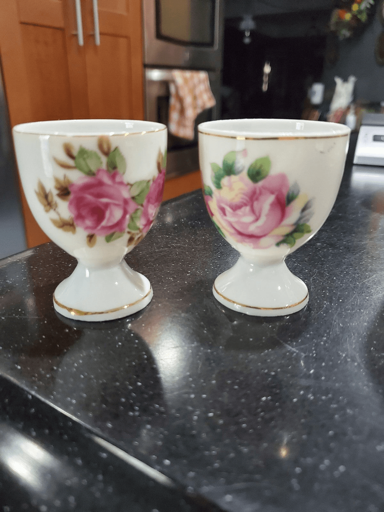 vintage Japan china egg cups w/ pink rose pattern