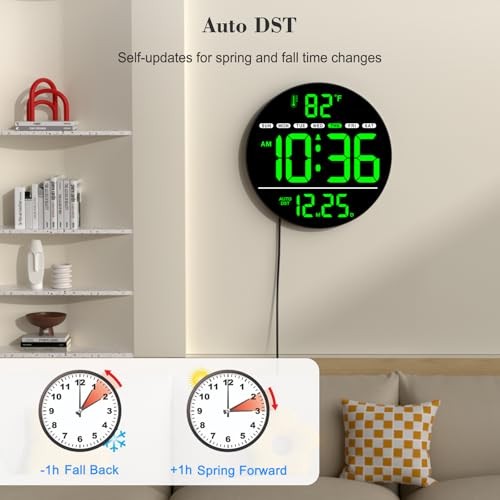 Large Digital Wall Clock with LED Display, Electric Wall Clock with Green