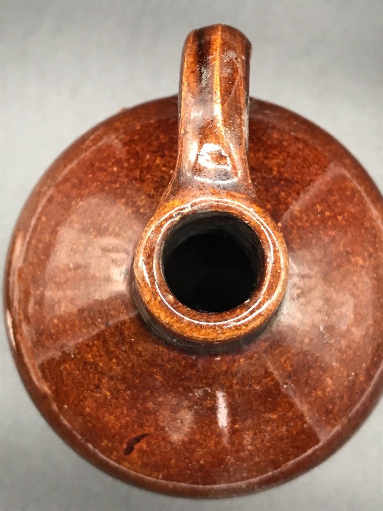 Vintage Rustic Pottery Clay Jug Glazed Applied Handle Brown Tan 5.5”