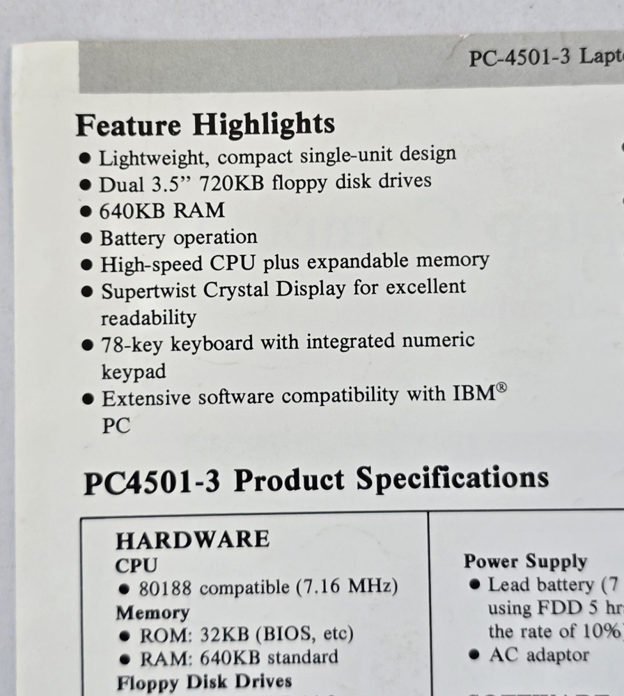 Sharp - PC-4501-3 Laptop Computer - Product Specifications Handout (1 Sheet)