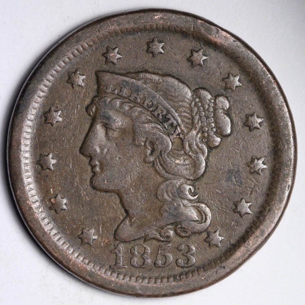 1853 Braided Hair Large Cent CHOICE VF E210 ZNC