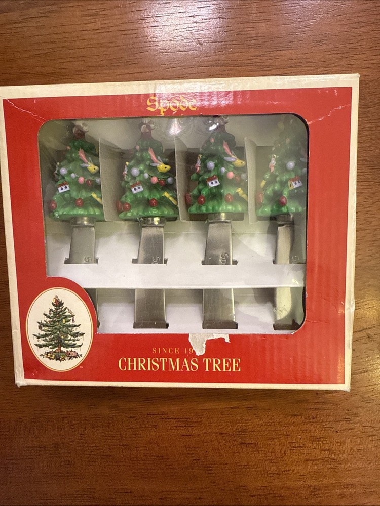Spode Figural Christmas Tree Canape Knives Cheese Spreaders Box Damage