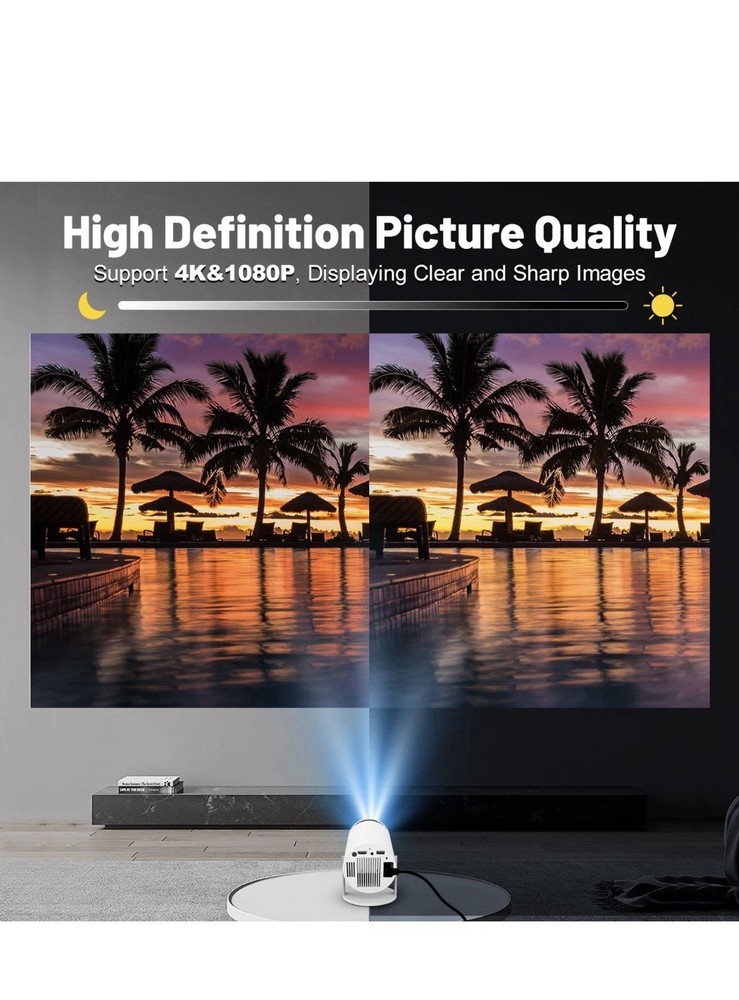 4K Smart Android Projector - 180 ° Rotating Stand + Auto Keystone, Home/Camping