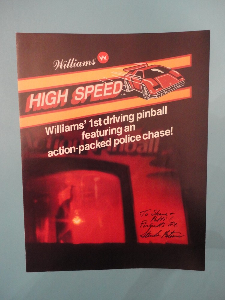 High Speed Pinball Machine Flyer Williams Autographed Brochure