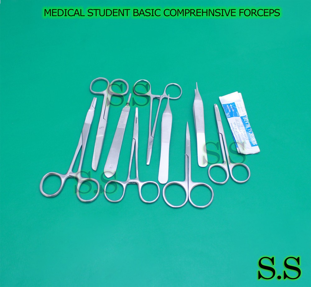 19 PCS MEDICAL STUDENT BASIC COMPREHNSIVE FORCEPS SCISSORS SET+SCALPEL BLADES#20