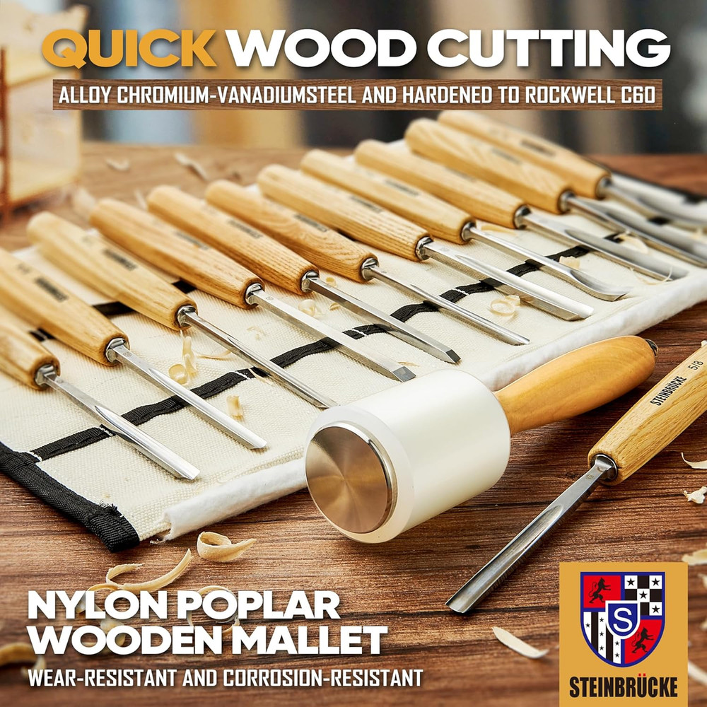 12 Pc Wood Carving Tool Kit with Chisels, Gouges, Mallet & Canvas Case for Begin