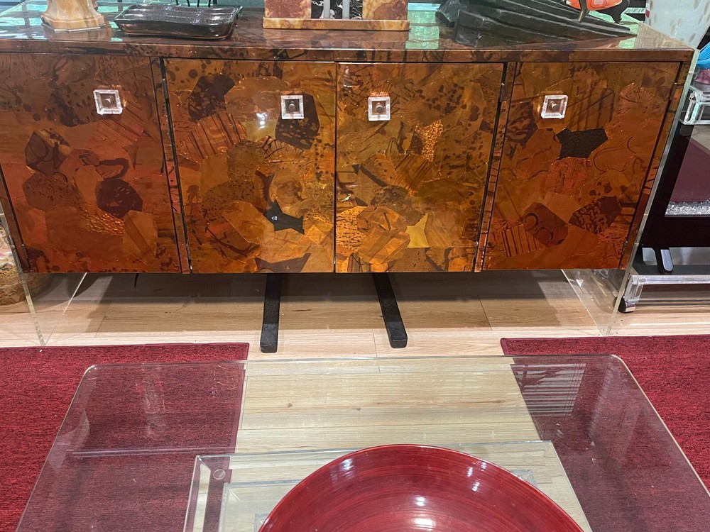Milo Baughman for Thayer Coggin hammered patchwork copper lucite sideboard